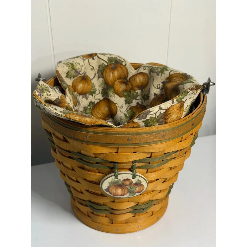 VTG Longaberger Autumn Pail Basket Sage Green 2002 Pumpkin Liner Tie-On Woven